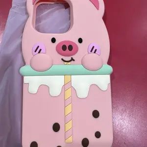 Iphone 15 Pro Max Silicone Case Cute Pig Milk Tea Shockproof