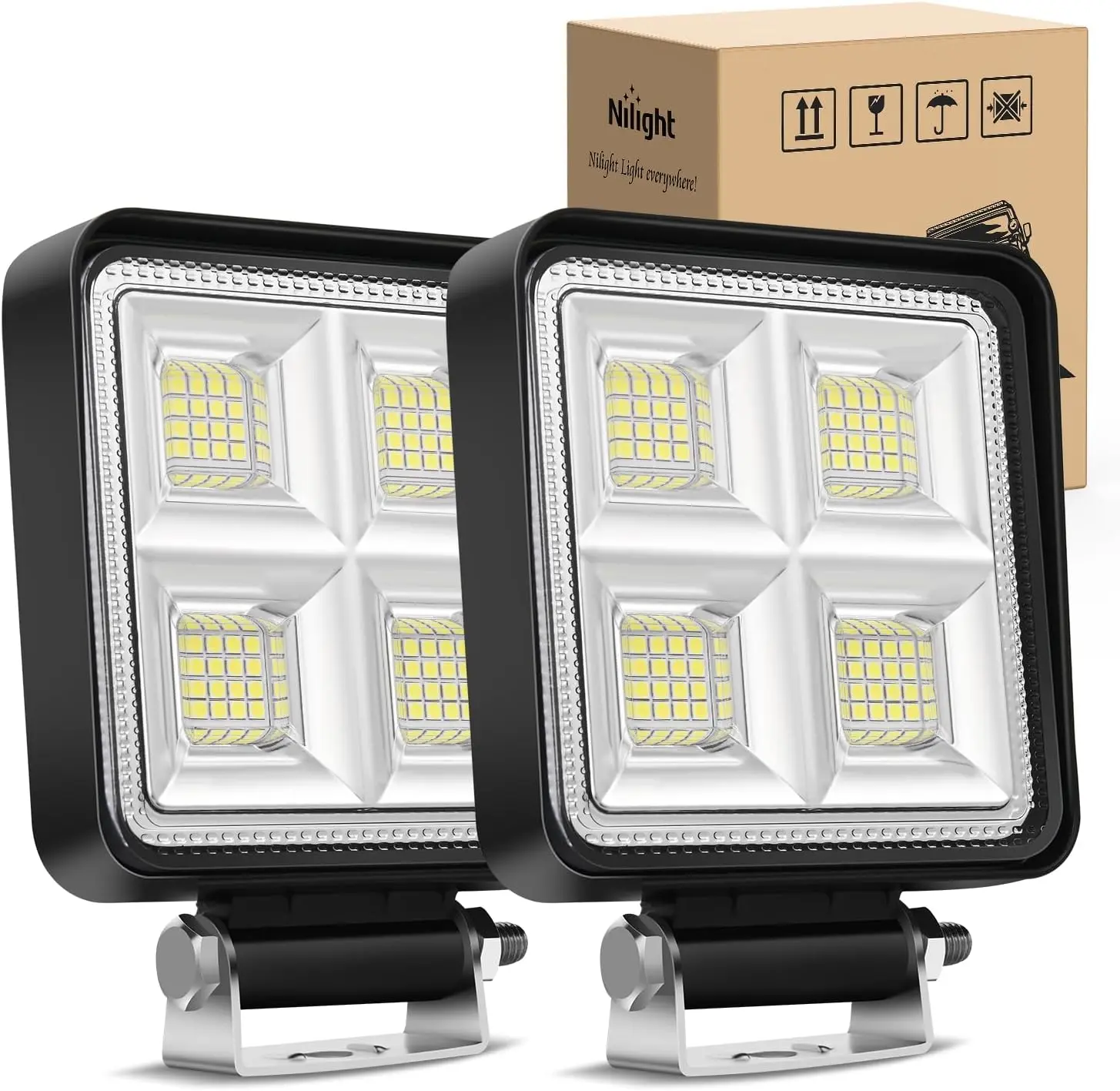 Nilight 2-Pack 4-In Flood LED Light Bars - 64LED Aluminum Square Bracket Mount Off-Road Pods, Universal Fit for Trucks, ATVs, Carlights, Golf Cart, Tractor