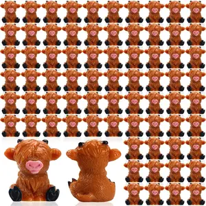 100 Pcs Mini Highland Cow Figurines Bulk Mini Cow Figurines Cake Decorations Cute Miniature Resin Sculpture Ornament Micro Landscape Office Garden Desk Party Tabletop Decor