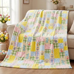 Easter Flannel Blanket Throw, Colorful Easter Eggs Bunny Rabbits Flowers Soft Fuzzy Plush Cozy Fleece Blankets for Couch Sofa Bed Lounging, Ideal Gifts for Kids Adults Self