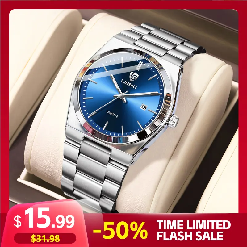 LIEBIG Men's Blue Quartz Watch - 40mm Dial, Analog Display, Calendar Function, Glow-in-the-Dark Self-Luminous Hands, 3ATM Waterproof, Fashion New Year's Gift, Blue Quartz Watches, Glow-In-The-Dark Quartz Watches