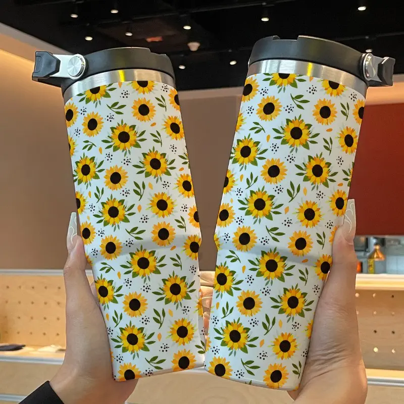 30oz Insulated Portable Water Bottle with Straw, Sunflower Print Design, Durable 304 Stainless Steel Thermos Coffee Travel Mugs Insulated for Hot and Cold Quencher Tumbler Insulated Cup Drinkware Insulated Water Bottles for Sports, Outdoor, and Travel