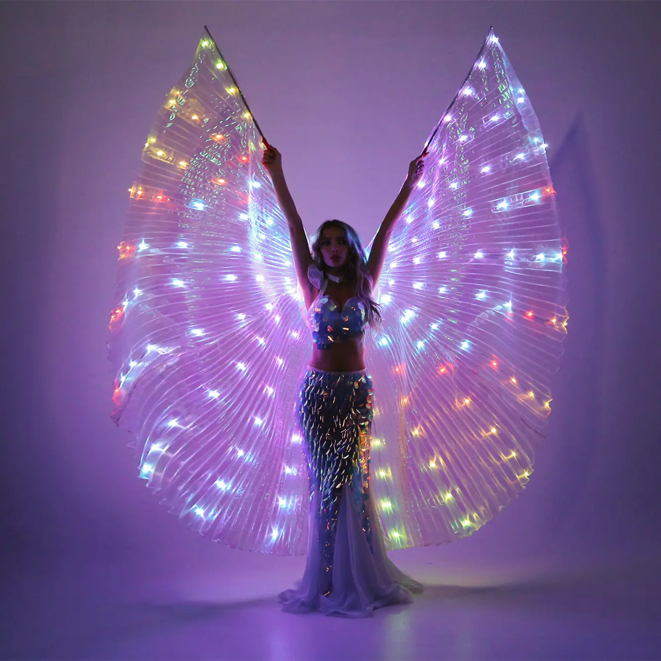 LED Isis Wings Glow Light Up Belly Dance Costumes with Sticks Performance Clothing Carnival Halloween Voice-controlled light White Adjustable