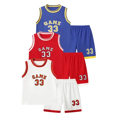 6-piece #SummerVibes children's basketball suit, boys' and girls' jerseys, ball pants suit, digital letter printed summer lightweight basketball vest and shorts Suitable for ages 3-14