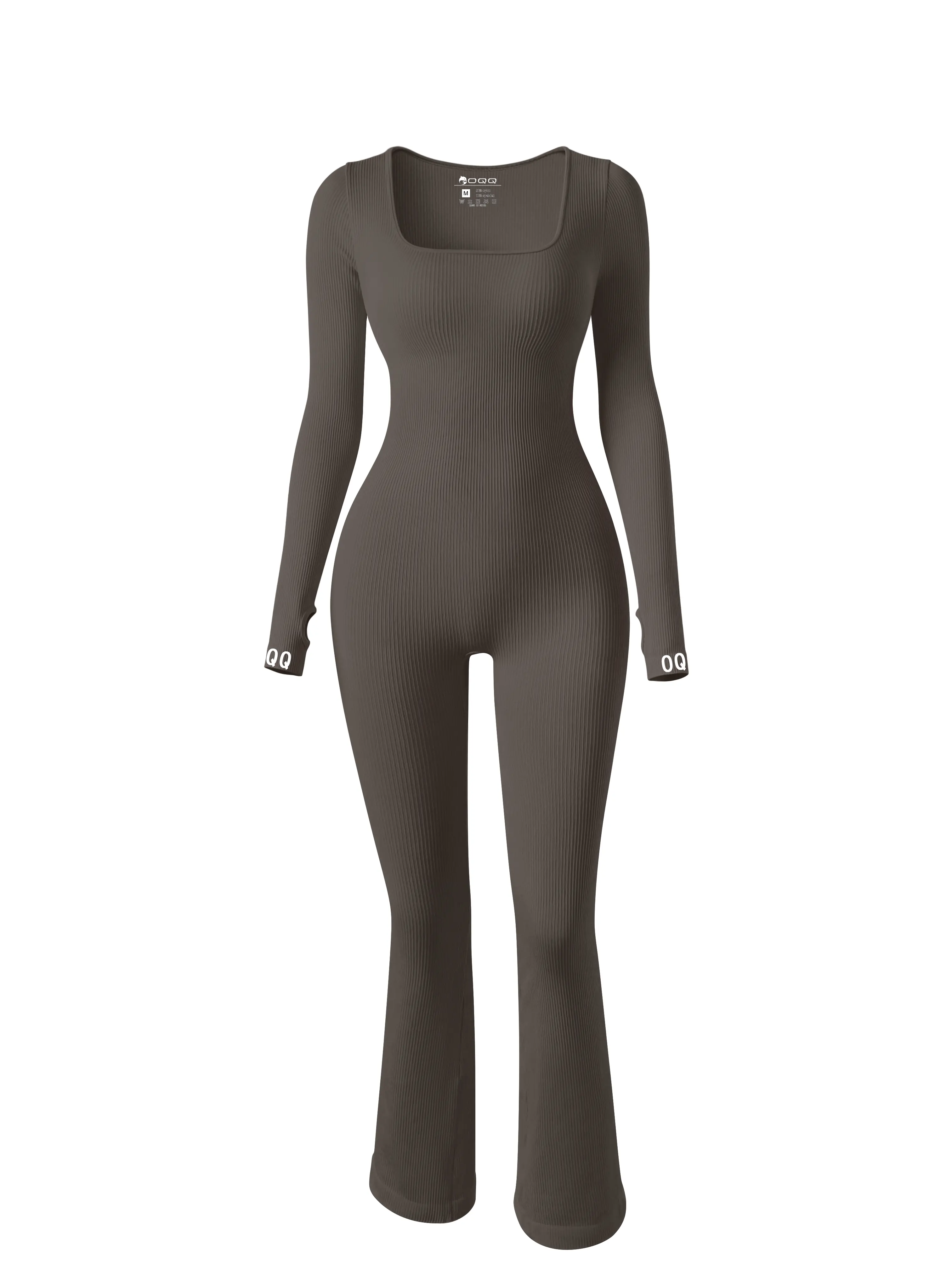 OYV Women's Square Neck Long Sleeve Stretch Tummy Control Yoga One Piece Ribbed Flare Jumpsuit