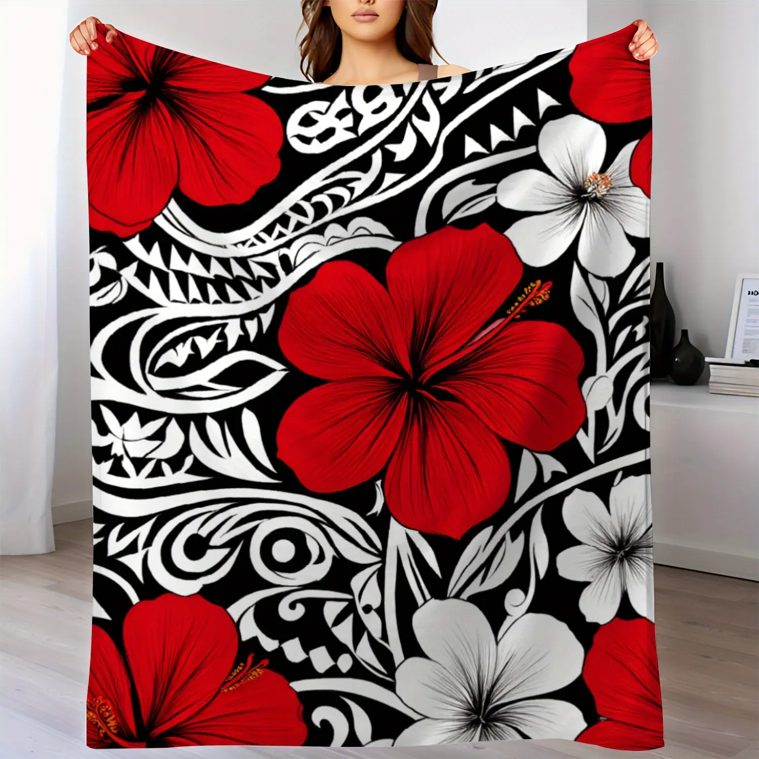 Thick Flannel Blanket - Bold Red Print on Black Background - All-Season Use Soft Warm Bedspread/Sofa Cover - Luxurious Home Decor Gift - Machine Washable Modern Design for Living Room, Bedroom