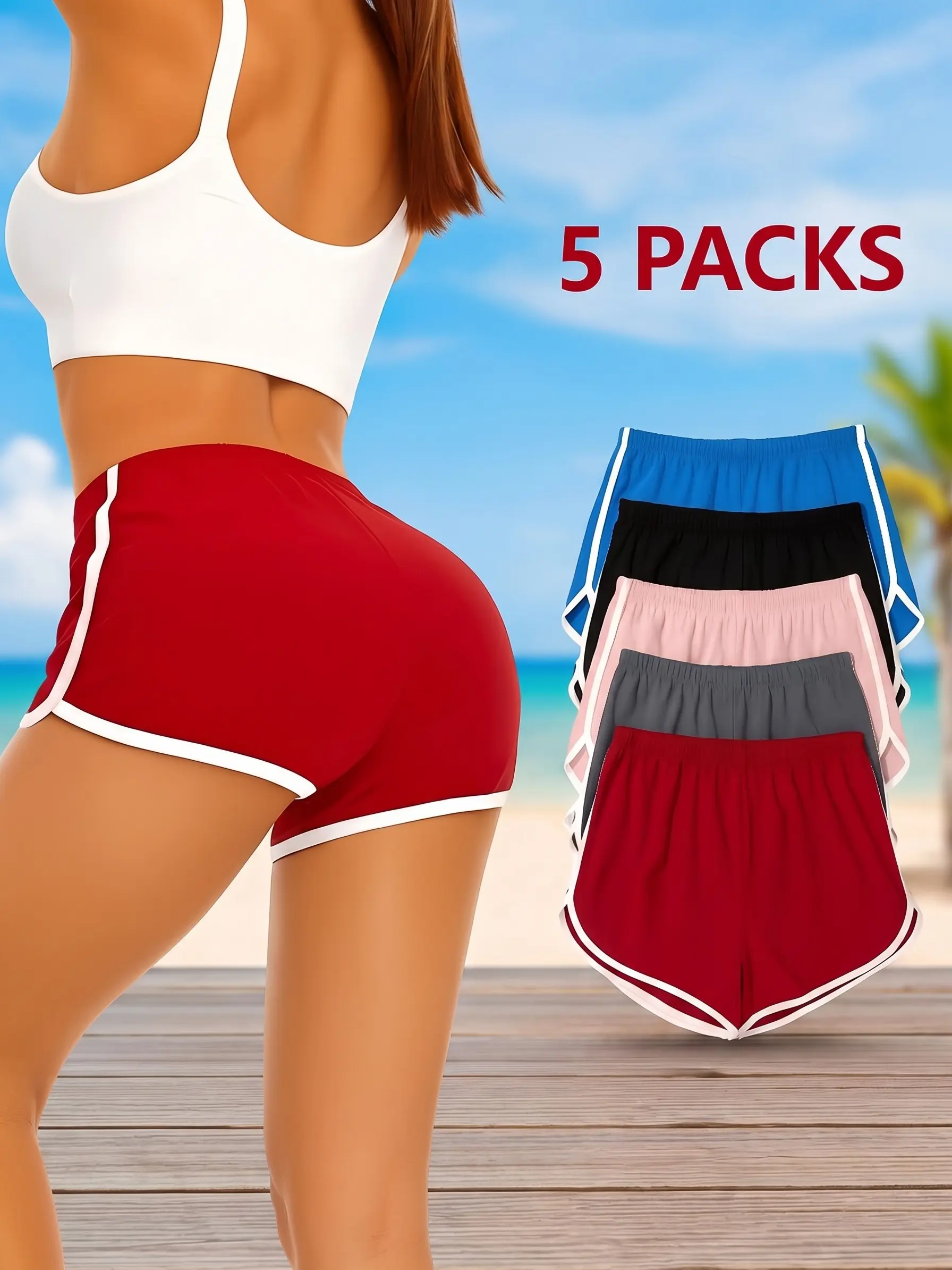 Women's Retro Athletic High-Waisted Above-Knee Dolphin Shorts with White Piping - 5-Pack Lightweight Fit Polyester Active Sporty Chic Quick-Dry Figure-Flattering Dancing Gym Basics