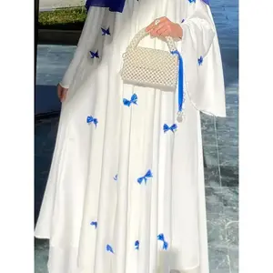 Elegant white abaya with bell sleeves & butterfly bow detail-maxi kaftan dress for women, polyester, spring/fall wear, full-length robe style