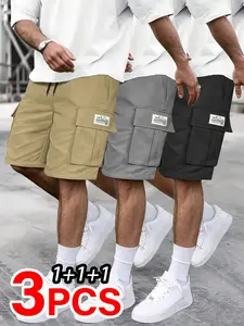 Men’s Cargo Shorts 3-Pack – Adjustable Drawstring, Casual Style, Multiple Pockets, Polyester, Suitable for Outdoor Sports and Leisure, Summer