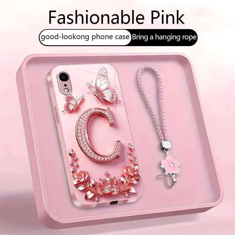 High-End Stylish Letter-Patterned Smartphone Casing for iPhone Xr - 2D Printed (Not 3D), Full-Coverage Protection, Handheld Cellphone Devices Accessory, Free Lanyard  YM99