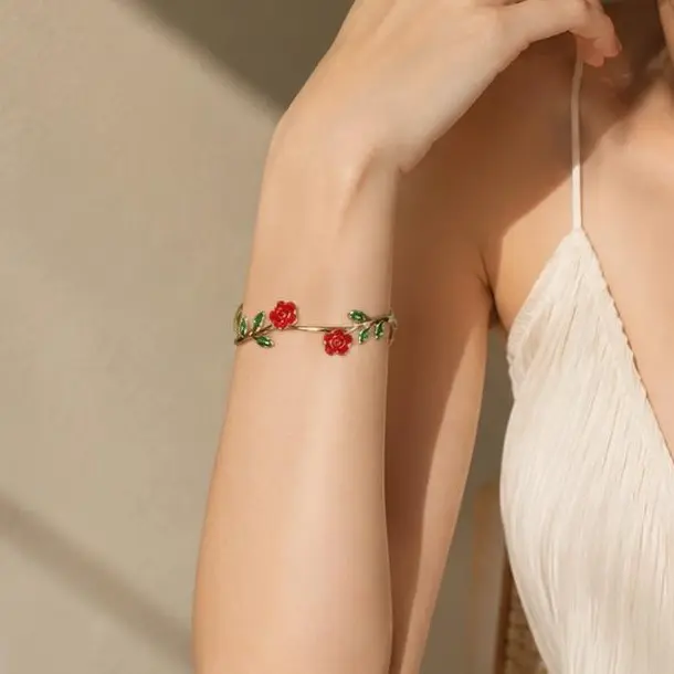 Romantic Red Rose Floral Bangle Bracelet for Women, Adjustable Enamel Open Cuff for Wrist or Upper Arm, Gold-Tone Daily Jewelry, Romance, Adjustable Inner Circumference 14.8Cm To 21.2Cm, Valentines Day, Gold Aesthetic, Adjustable Length Bracelets & Bangle