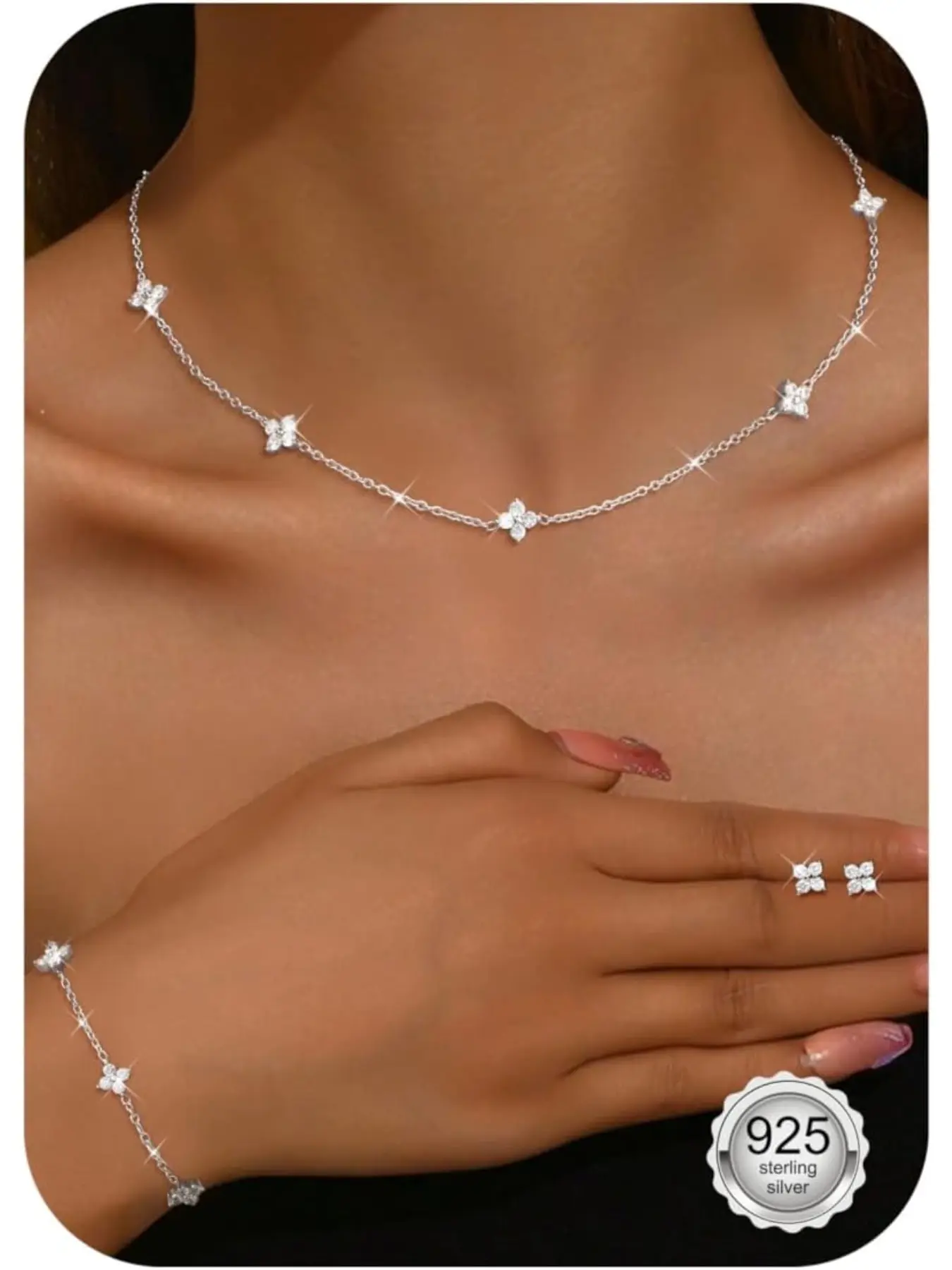 925 Sterling Silver Necklace for Women Stud Earrings Gold Bracelet Set Adjustable Choker Necklace Link Chain with Cute Cubic Zirconia Dainty Wedding Brides Elegant Jewelry Set Jewellery Gift Set