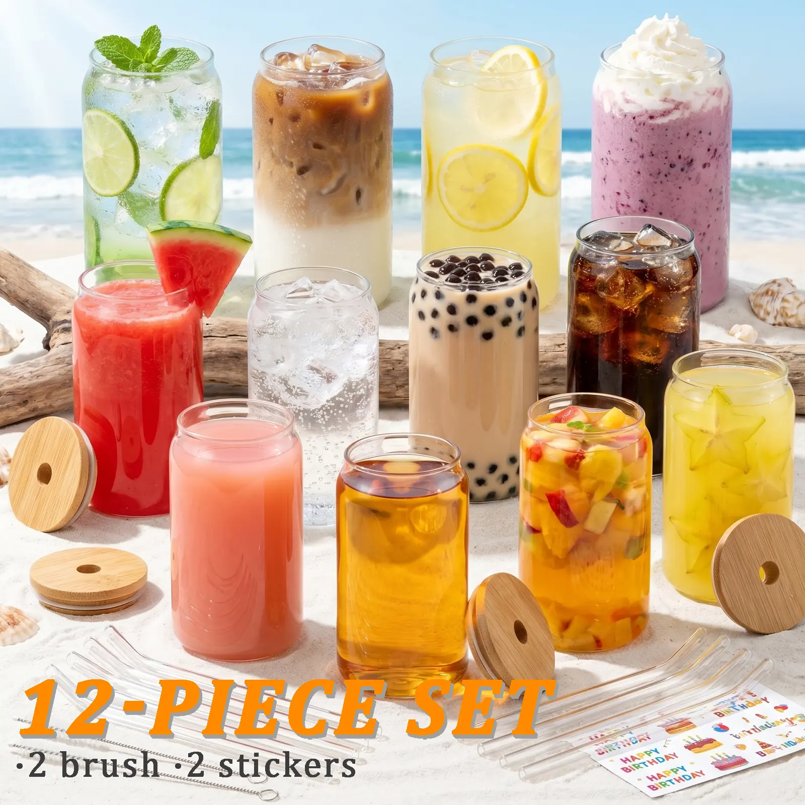 Glass Cups with Lids and Straws - Glass Tumbler cup with bamboo lids and straw iced coffee cup Reusable Drinkware Perfect for gifts#Summer vibes