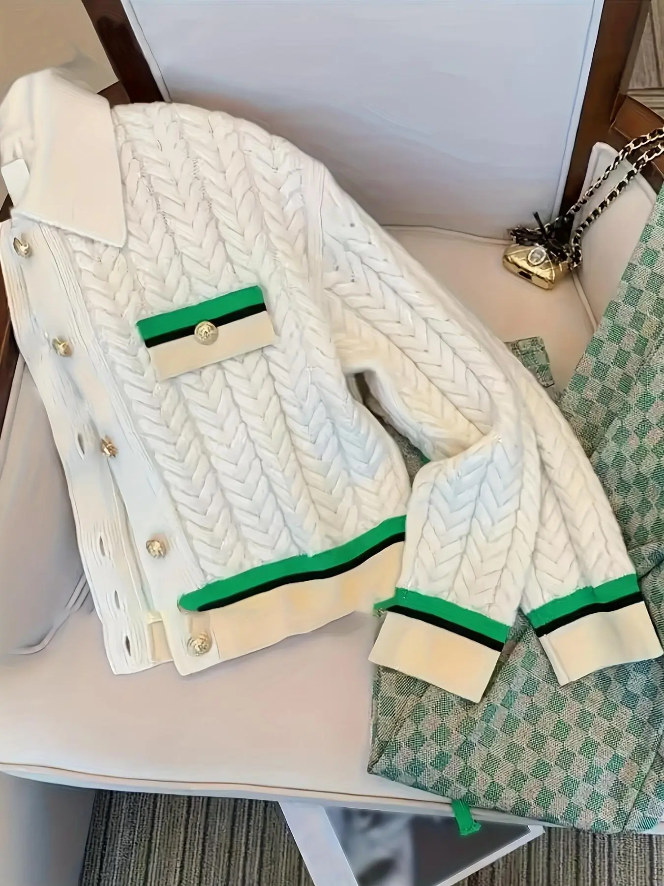 Women's Color-Blocked Two-Piece Knitted Set, and Blazer with Gold Buttons Plus Plaid High-Waist Trousers, Chic Spring Workwear for Casual Dates