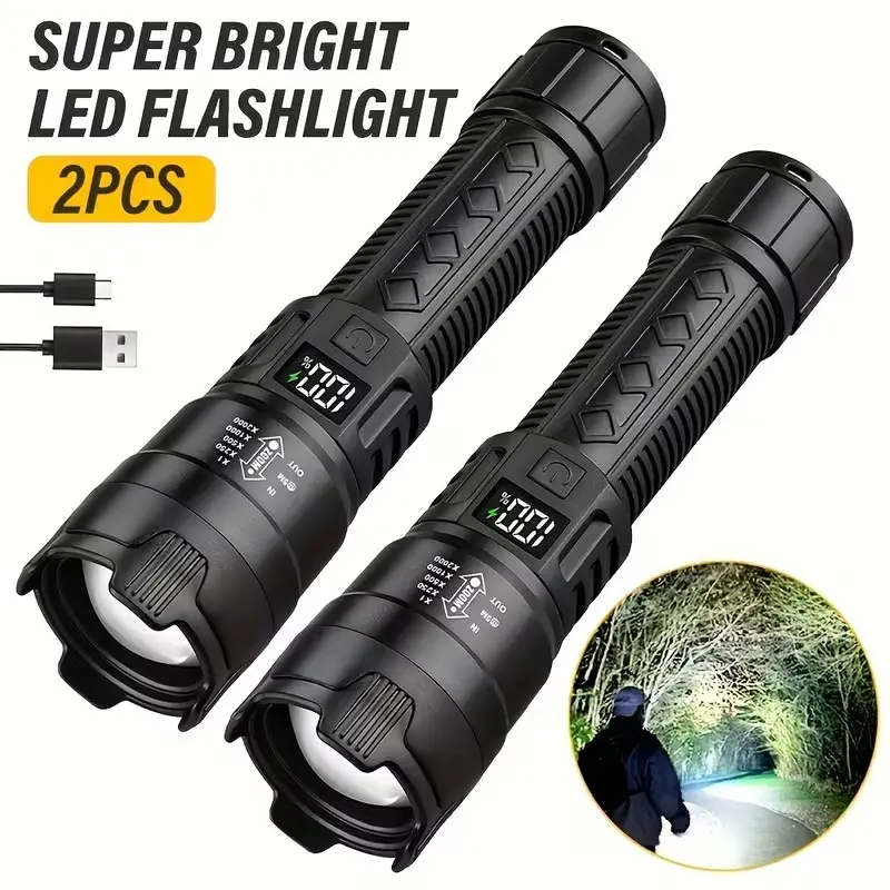 1-piece/2-piece super bright flashlight, High Lumens Flashlight, USB rechargeable, telescopic zoom, wide beam, handheld emergency flashlight, Adjustable Tactical Flashlights, suitable for fishing, exploration, and work lighting.