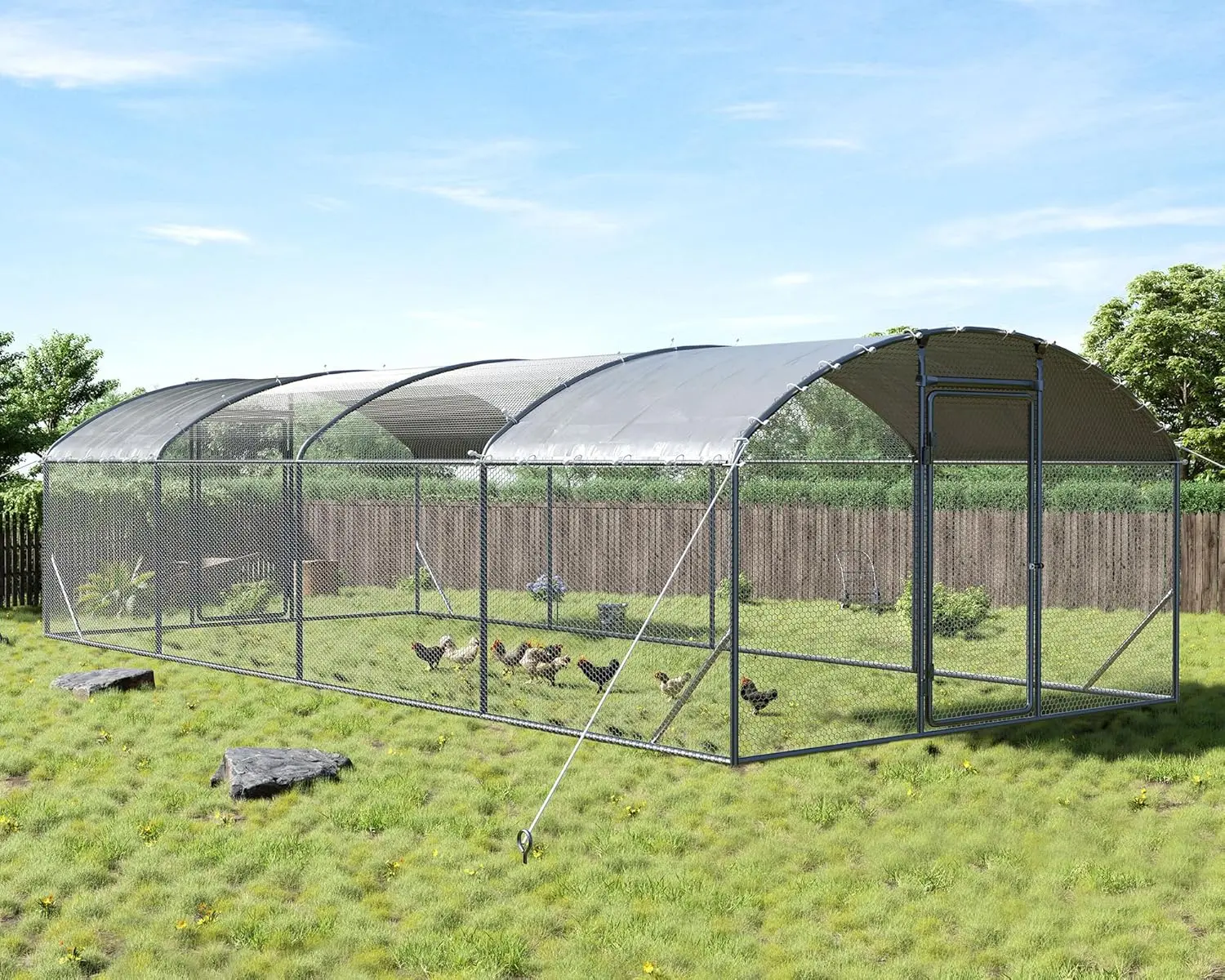 [Summerwins] [SummerFinds] AMERLIFE Large Chicken Coop with Perch and Hinged Door, Spire/Dome Roof Walk-in Chicken Run with Metal Frame and PE Cover for Backyard Poultry, Ducks, Rabbits