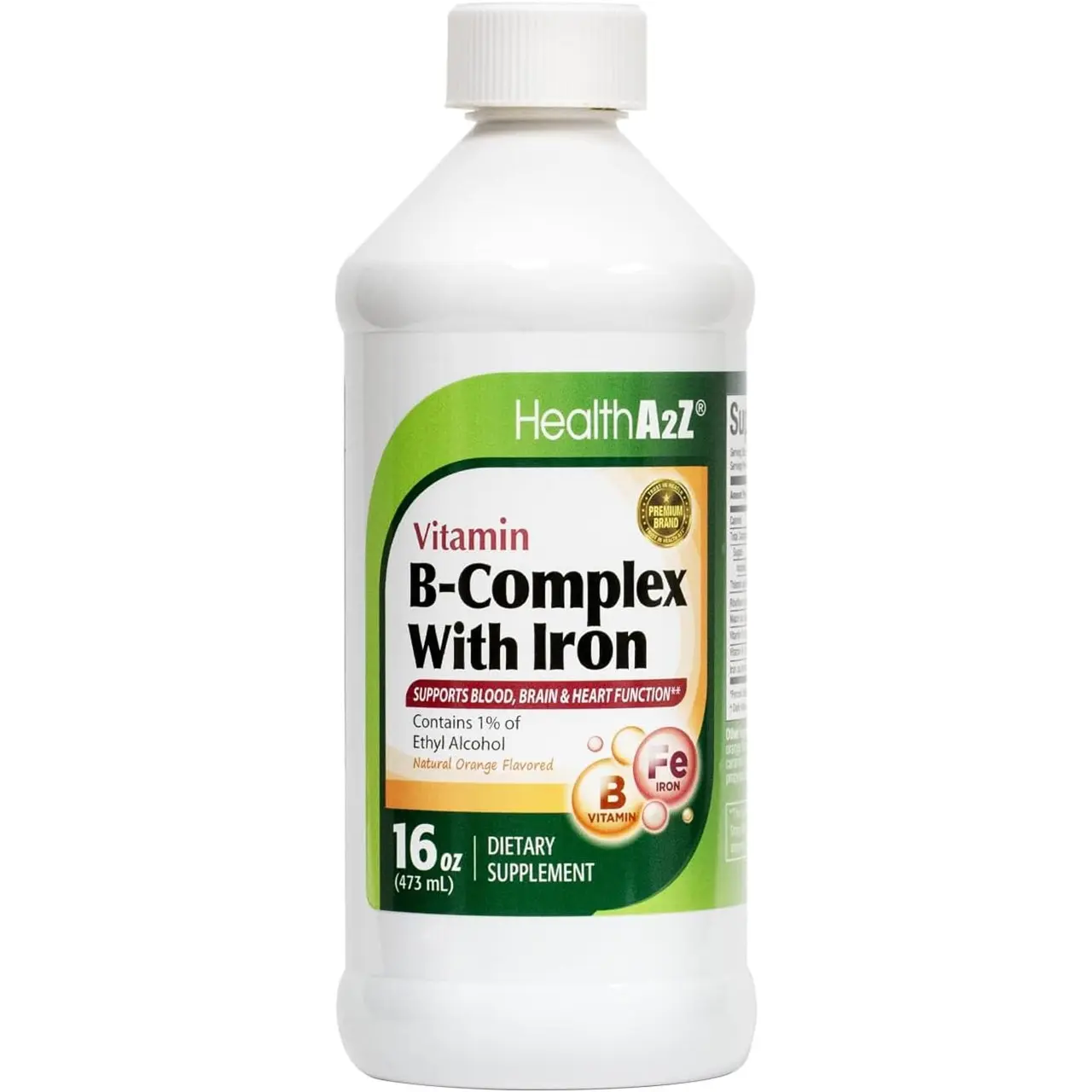 HealthA2Z® Liquid Vitamin B-Complex Plus Iron Supports Healthy Energy Levels* | Healthy Blood Function* | Promotes Healthy Nerve Function* | Natural Orange Flavored | 16oz (473ml)