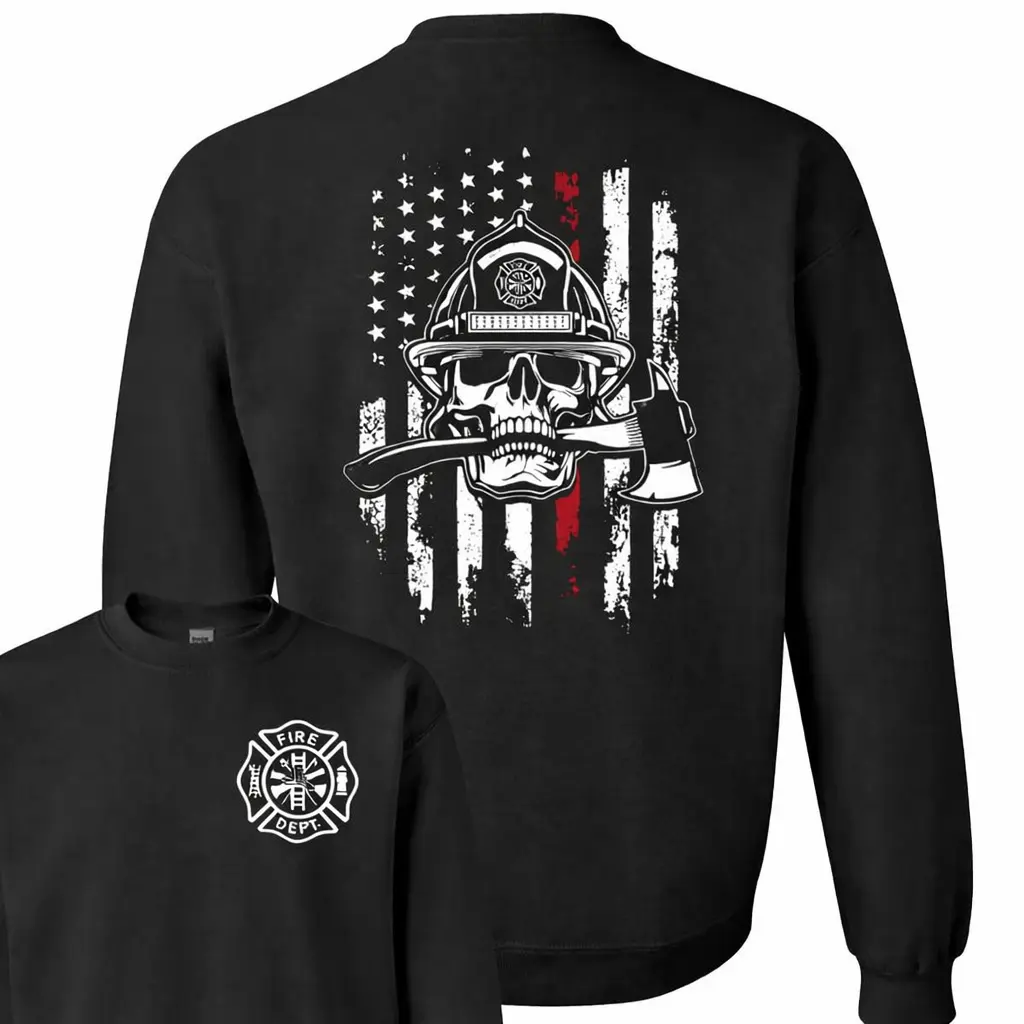 Firefighter Skull Sweatshirt - Skull In Fire Helmet Biting Axe With Distressed American Flag Back Graphic T-Shirt , Fire Dept Chest Badge Print , Patriotic First Responder Theme , Daily Casual Wear