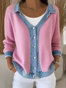 Women's Colorblock Patchwork Cardigan, Casual Loose-Fitting Long Sleeve Knit Sweater, Spring & Fall Fashion Outerwear Knitwear