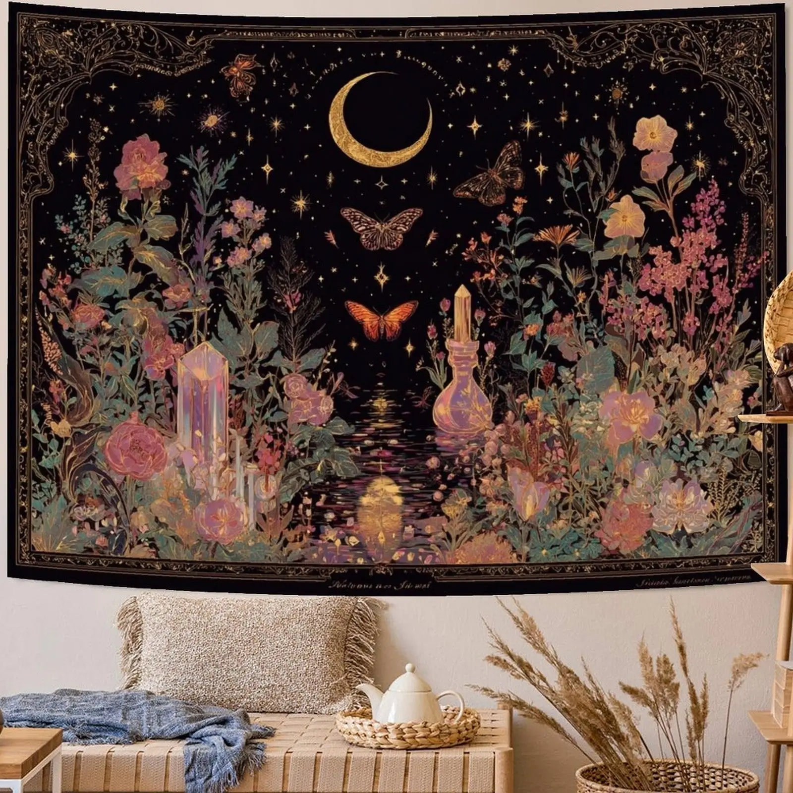 Bohemian Butterfly Tapestry Flower Moon Wall Tapestry, Moon Phase Bedroom Tapestry Cute Tapestry Bedroom Living Room Decoration Wall Hanging, Flower Pattern Tapestry summerwins Sun Mushroom Octopus Boho Floral with
