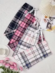 Women's Three-Piece Belted Bow Plaid Print Pajama Pants, Elastic Waist Long Pants, Home Wear Set, Comfortable Sleepwear