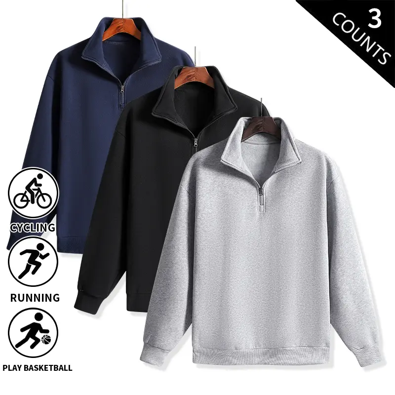 Men’s 3-Pack Quarter-Zip Stand Collar Pullover Sweatshirts, Loose Fit Long Sleeve Half-Zip Sweat Tops, Soft, Breathable Casual Athletic Sweaters Suitable