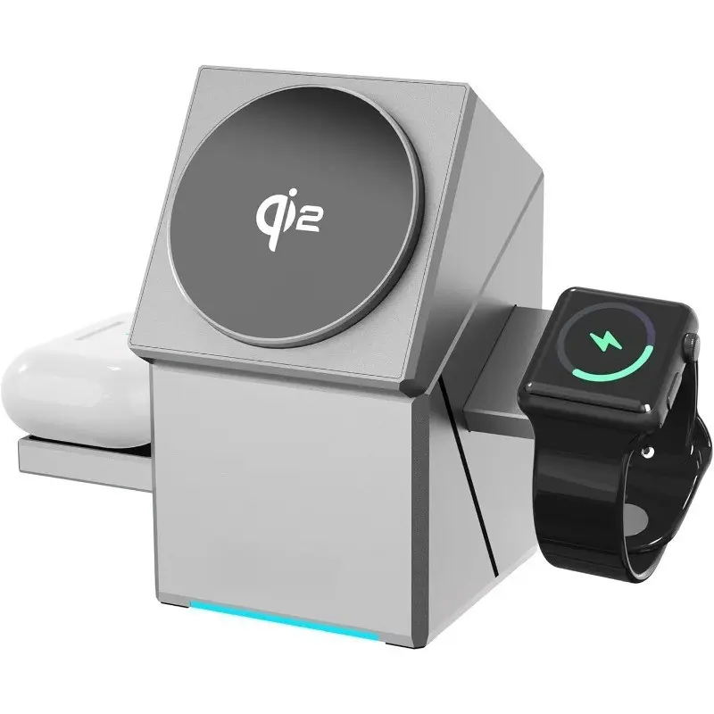 Apple-certified Qi2 Three-in-One Charging Station, Magnetic Charging Design, compatible with Apple MagSafe Charger, featuring one-touch rotation, Qi2 15W Fast Wireless Charger Stand, suitable for Apple iWatch, iPhone 16, 15, 12 series, and AirPods