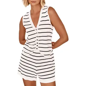 Lannew Womens 2 Piece Outfits Summer Striped Casual Lounge Sets Knit Sleeveless V Neck Tops Short Sets