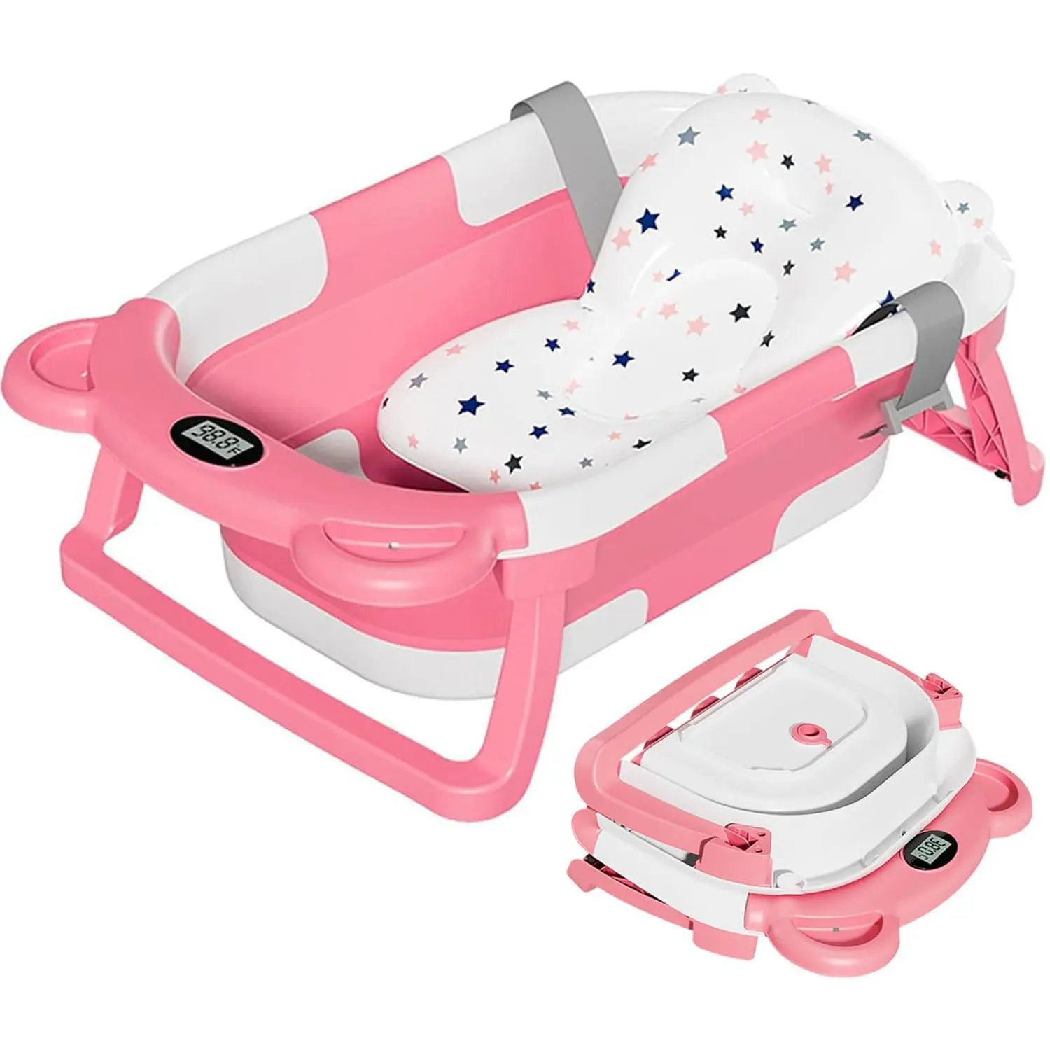 Collapsible Baby Bathtub with Soft Cushion Real - Time Thermometer 0 - 36 Months Portable Newborn Travel Baby Bath Tub