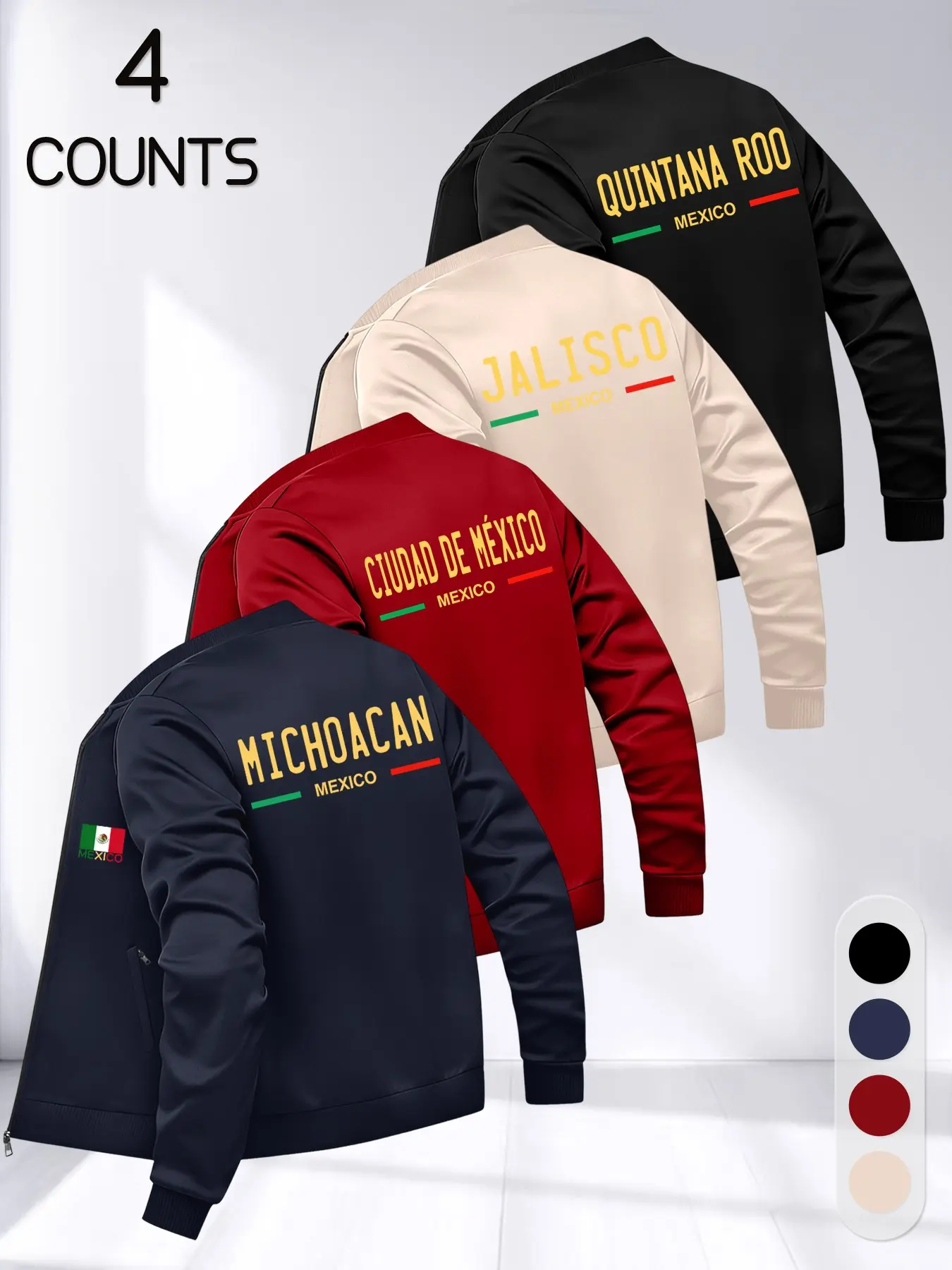 Men's Mexican States Theme Casual Baseball Jacket Set, Coats, 4-Piece, Multi-Color, Fashionable, Street Style, Fall & Winter, Long Sleeve, Menswear