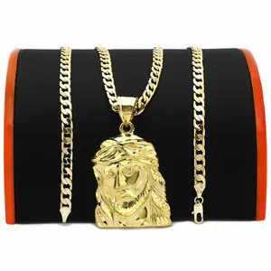 AAA+ Brass Gold Plated Jesus Portrait Religious Pendant Charm & 6mm 20" 24" Cuban Chain Necklace 14K Stamped on the Lock