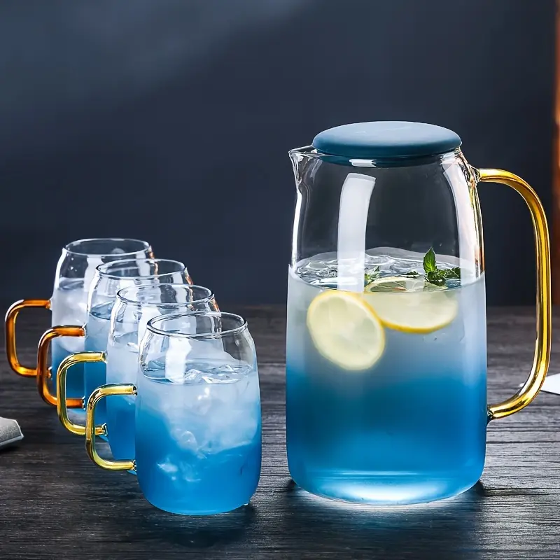 5pcs One Pot (51oz) Four Cups ( 10.5oz) High-Temperature-Resistant Borosilicate Glass Pitcher Set, Thickened Large-Capacity Household Juice & Cold Water Carafe Water Pitcher Set, Suitable for Gifting And Home Use