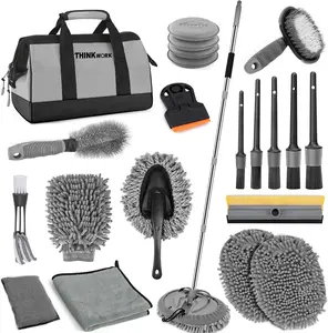THINKWORK Car Wash Kit, Car Wash Brush with Long Handle, Extendable Car Wash Brush Mop and 2-in-1 Windshield Squeegee, Gray Car Cleaning Brush Set for Men and Women