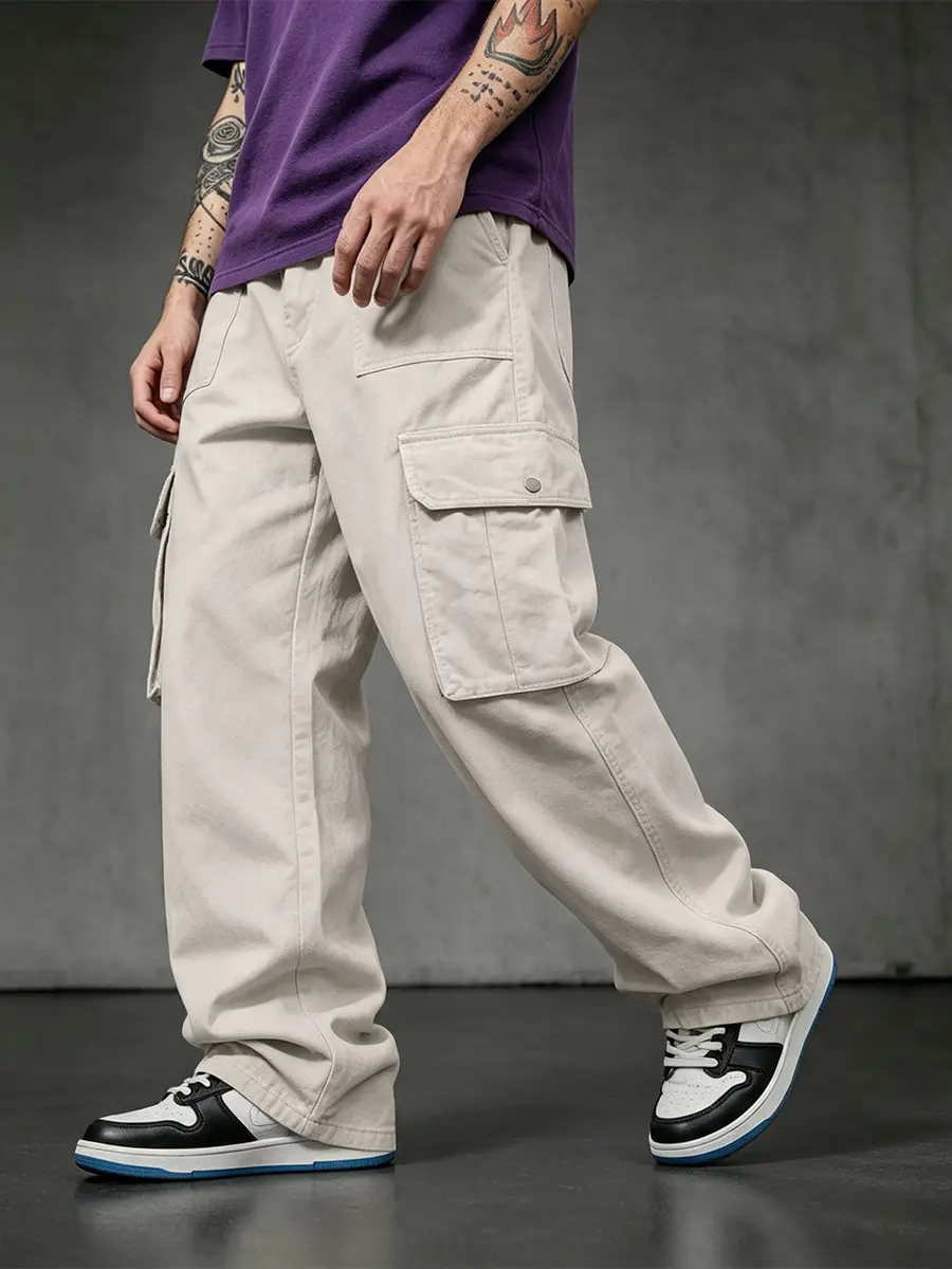 Men’s cargo jogger pants, loose-fit streetwear pants, utility work pants, multi-pocket casual sweatpants, elastic waistband drawstring trousers