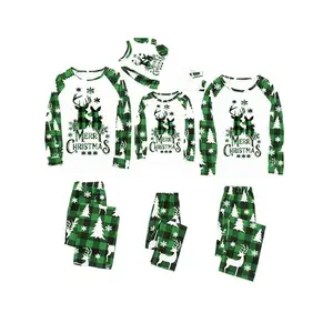 Green White Family Matching Christmas Pajamas, Deer Letter Snowflake Pattern Long Sleeve Tops and Plaid Pants Sleepwear Set