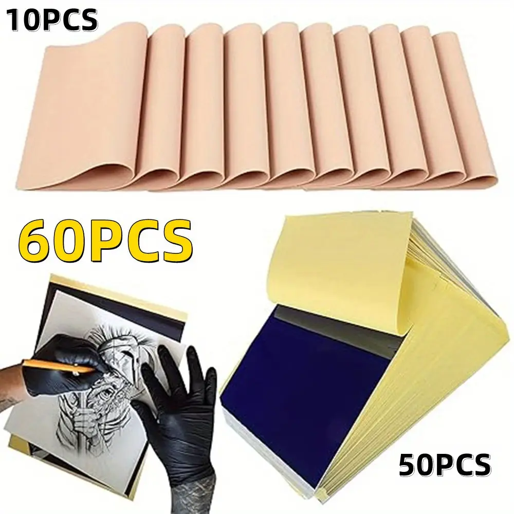 60 Pcs Complete Tattoo Kit - 11.7 * 8.3 Inch Thermal Synthetic Skin, Transfer Paper, 10 Plastic Practice Leathers, 50 Thermal Copier Compatible Sheets, Time & Cost-Saving Supplies for Tattoo Artists
