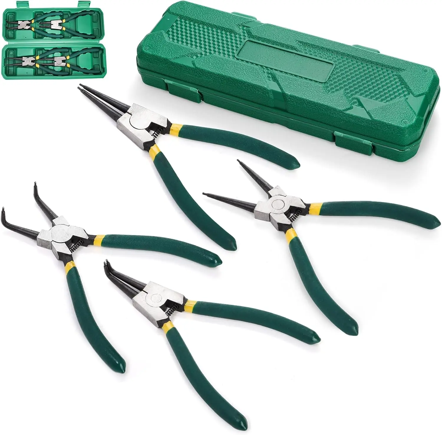 7-in Heavy-Duty CR-V Carbon Steel Snap Ring Pliers Set (4-Piece) - Hand Circlip Pliers with Straight/Curved Claws, Spring Handle, Anti-Slip Grip, Portable Storage Box for Mechanics, Household Appliances, Bicycles C-Ring Disassembly