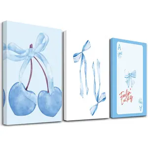 3pcs frameless Blue Ribbons Wall Art, Festive Design Poster, Elegant Art Prints, Lucky Charm Home Decor, Modern Wall Paintings, Cozy Canvas Posters Wall Arts, Wooden Wall Art, Decor for Living Room, Restaurant, Kitchen, Bedroom, Housewarming Gift