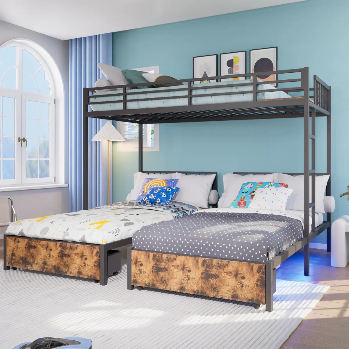 Triple Bunk Bed Frame with Large Drawers and Charging Station, 3 Bed Bunk Beds for 3, Metal Triple Bunk Beds,Separates Into 3 Twin Beds,Noise Reduced Structure, Black