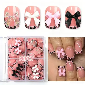 96pcs Short Square Press on Nails, Leopard Print French Nails with 3D Bow Charms, Reusable Fake Nails with Jelly Glue & Nail File, No Glue Needed, Nail Art Design