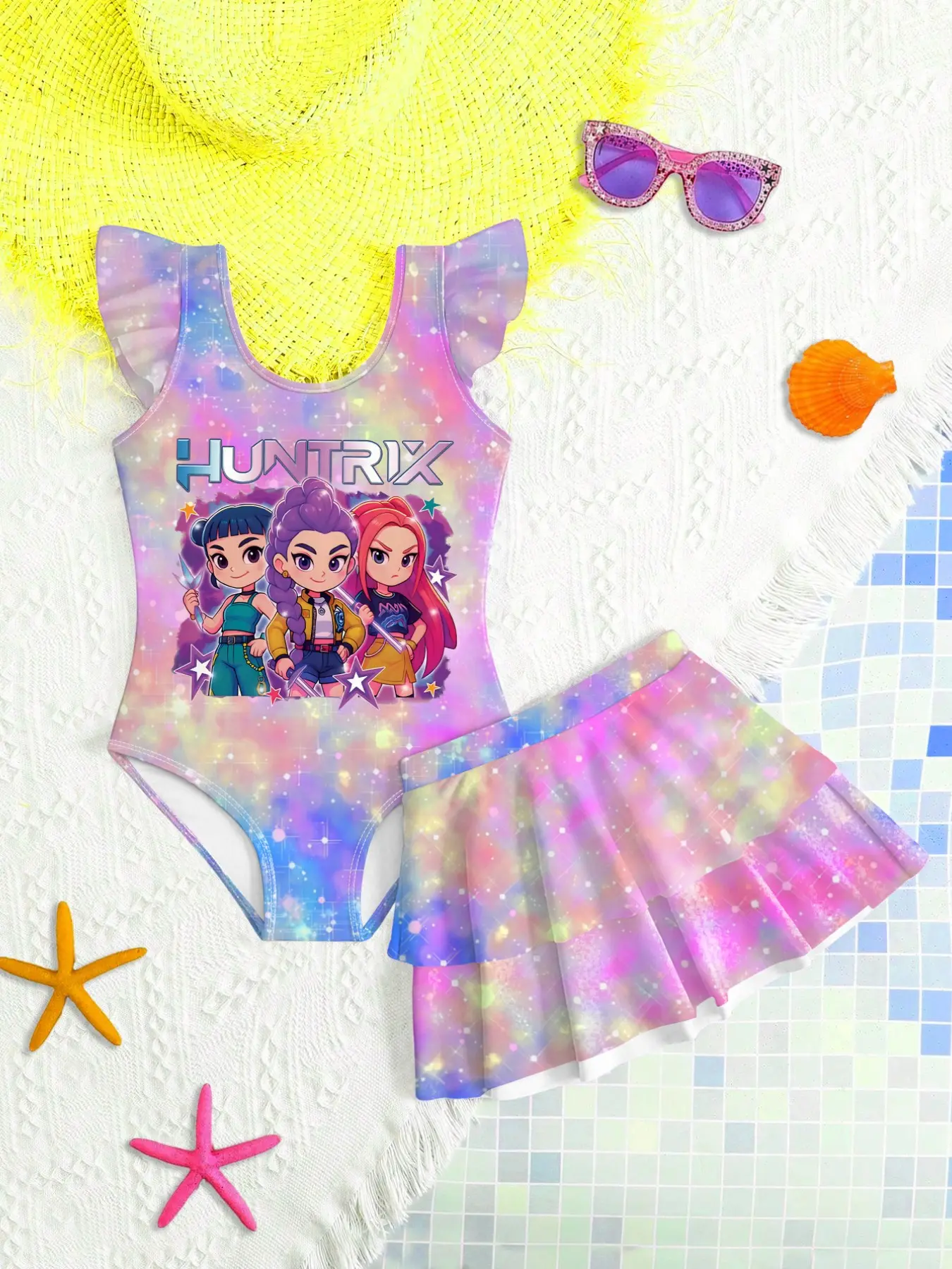K-Pop Beach Babe Starry Sky Print Halter Neck Swimsuit Set, Boho Style Fitted Two-Piece Swimwear, All over Print Bathing Suit, Tankini Set Bathing, Tankini Outfit