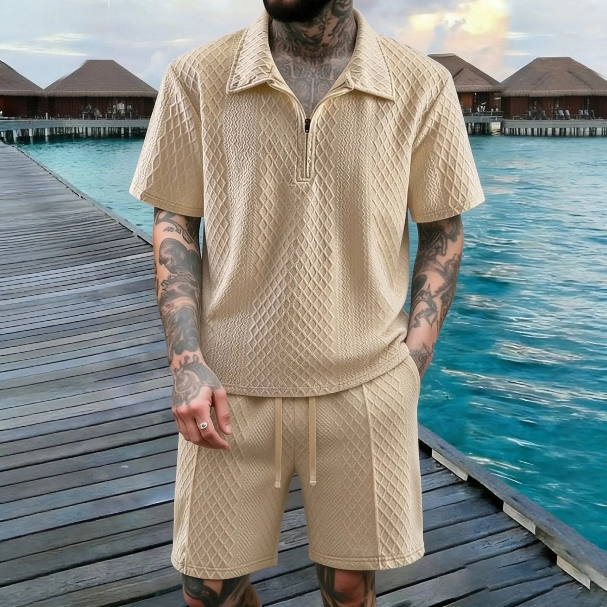 New summer casual fashion short sleeve suit solid color lapel polo shirt and shorts casual two-piece men's style