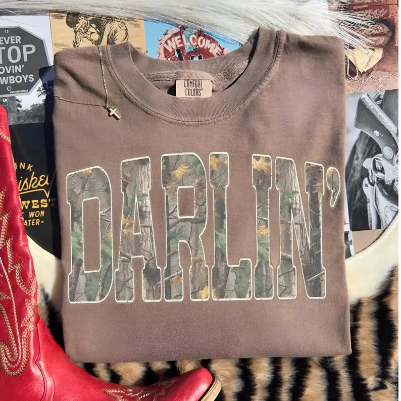 Comfort Retro Camo Western T-shirt, Darlin Retro Camo Country Distressed Cowboy Quote Tee, Camouflage DarlinTee, Western Concert, Southern Tshirt