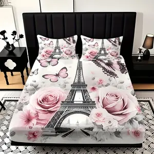 3pcs Paris Eiffel Tower Floral Bedding Set - French-Themed Soft Pink & Black Bed Sheets with Fitted Mattress Topper, 100% Polyester All-Season Comforter Set, Soft Breathable Bedding
