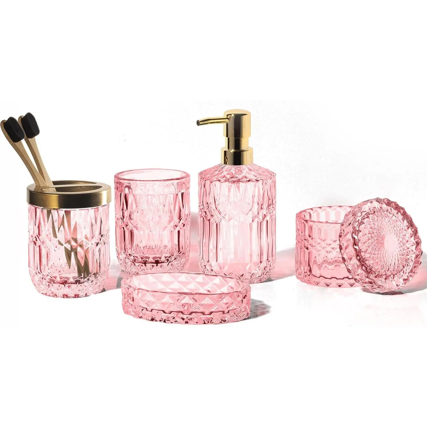 New Pink Bathroom Accessories Set - 5 PCS Glass Bathroom Decor with Soap Dispenser & Soap Dish & Toothbrush Holder & Tumbler & Cotton Swab Jar - Bathroom Accessory Set Soap Dispenser Set for Vanity