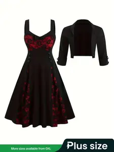 【Plus Size】 Two-piece Set Crop Blazer & Colorblock Contrast Lace Bow Decor Jersey Dress, Elegant Chic Fashion Casual Blazer & Cami Plicated Dress Set for Daily Outdoor Wear, Women's Outfits for Fall & Winter