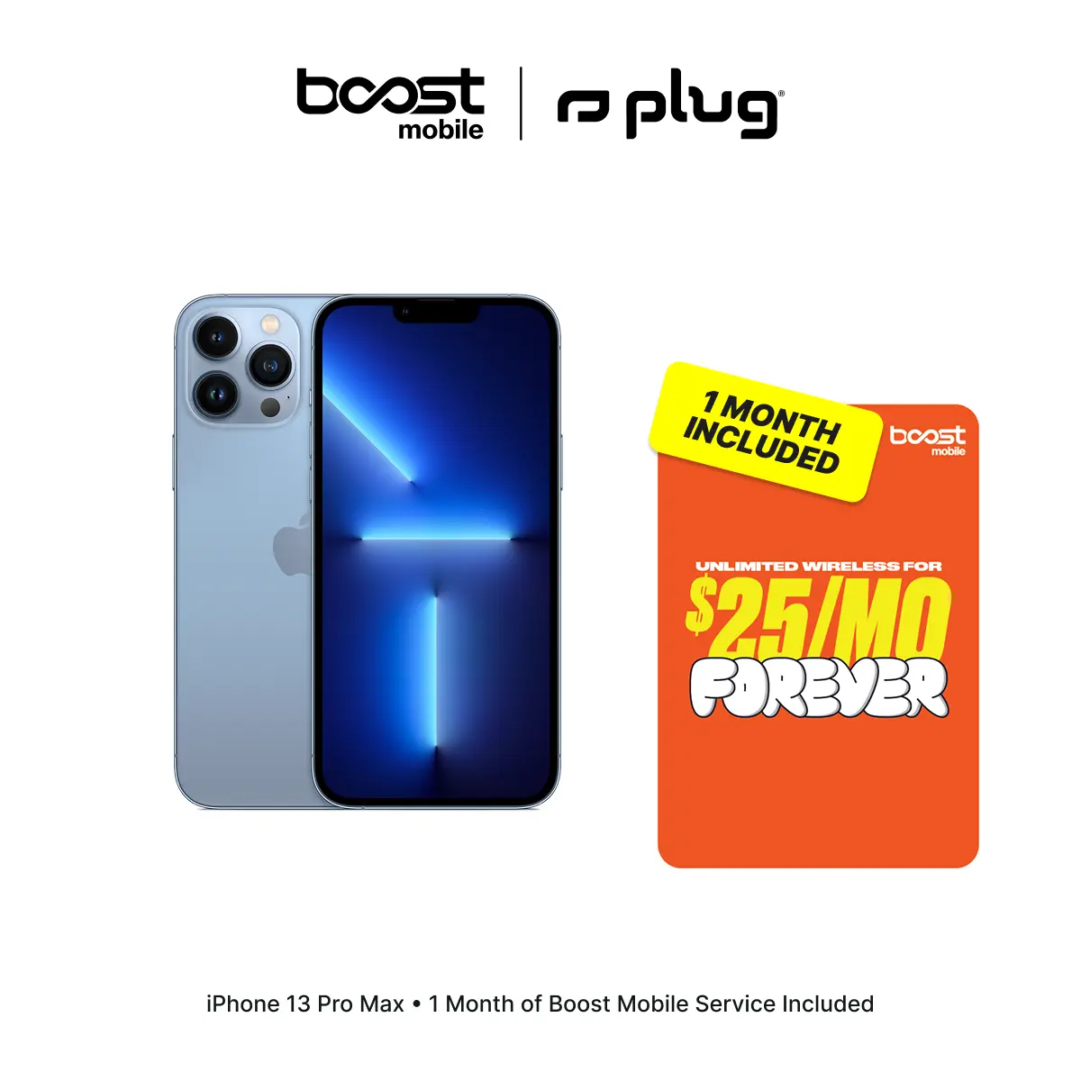 Refurbished Apple iPhone 13 Pro Max (Unlocked) + 1 Month of Unlimited Boost Mobile Service Included - Good Condition with 1-Year Warranty by Plug