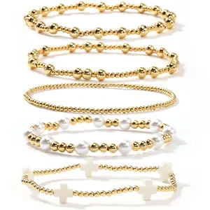 Gold Plated Cross Pearl Beaded Bracelet Set Dainty Adjustable Stackable Chain for Women Hypoallergenic Everyday Elegant Gift Boho Beach Style