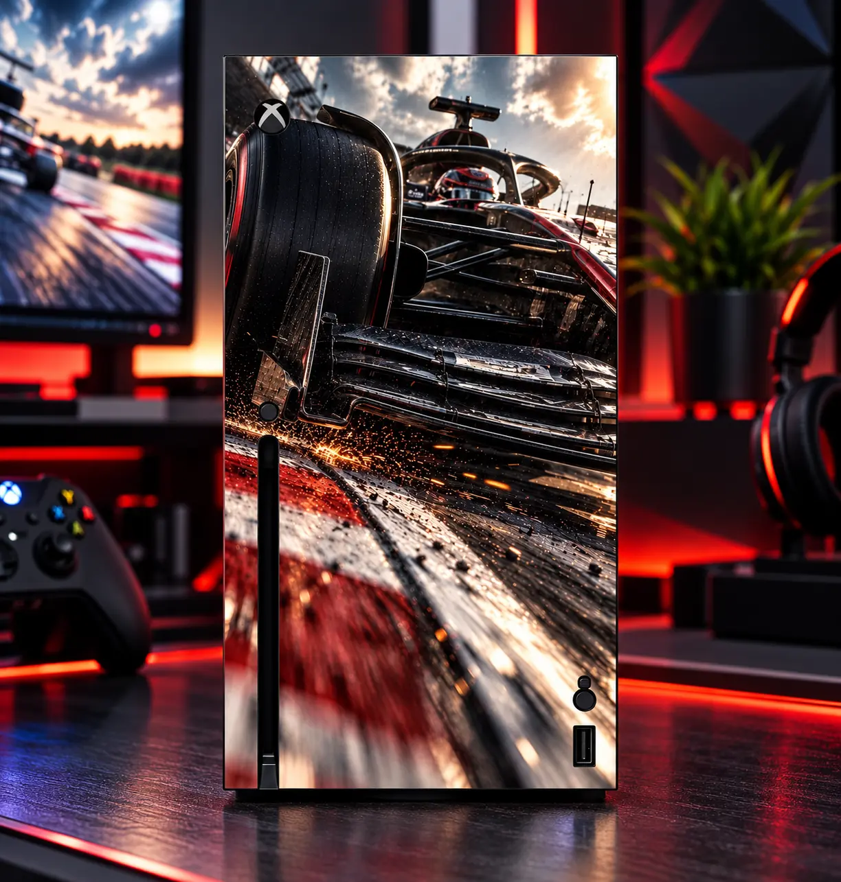 Formula Racing Vinyl Skin Compatible with Xbox Series X – F1 Style Race Car Front Console Wrap – Premium Gaming Decal