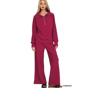 Zenana Ribbed High Neck Half Zip Pullover & Pants Set